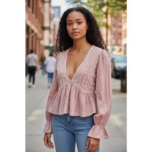 Saints & Hearts Medium Eyelet Pink Heather Peasant Lined Crop Top Ballon Sleeves